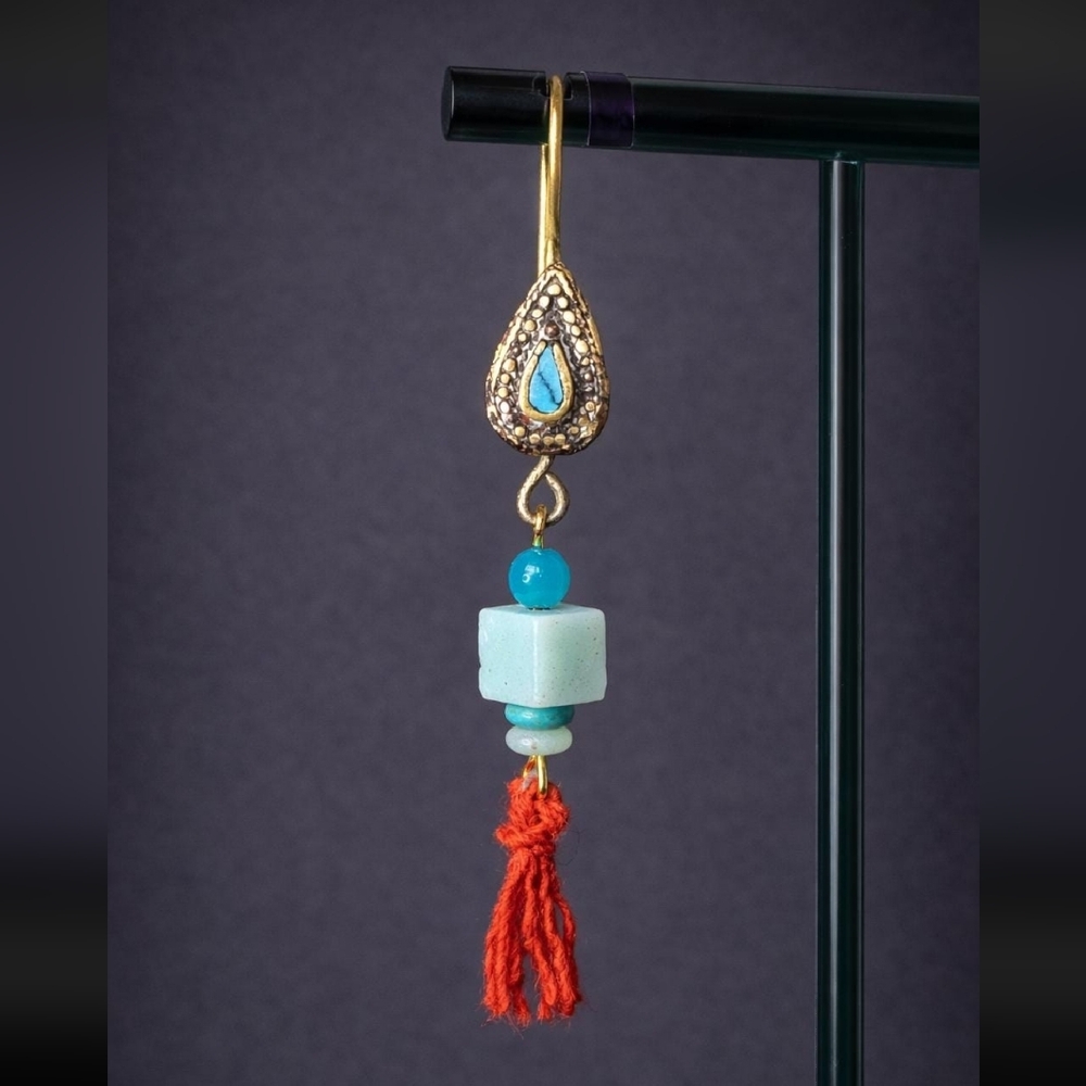 Silver Plated Brass + Blue Amazonite Dangle Earrings+Sacred Indian Kalava Thread